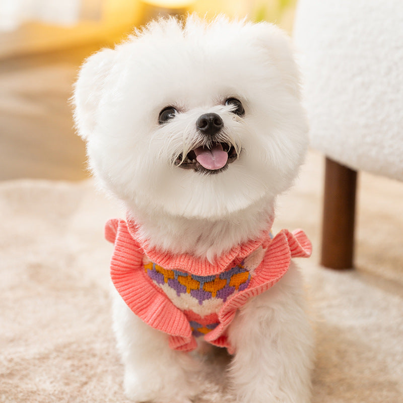 Sweet Knitted Flower Ruffled Sleeves Dog Cat Sweater