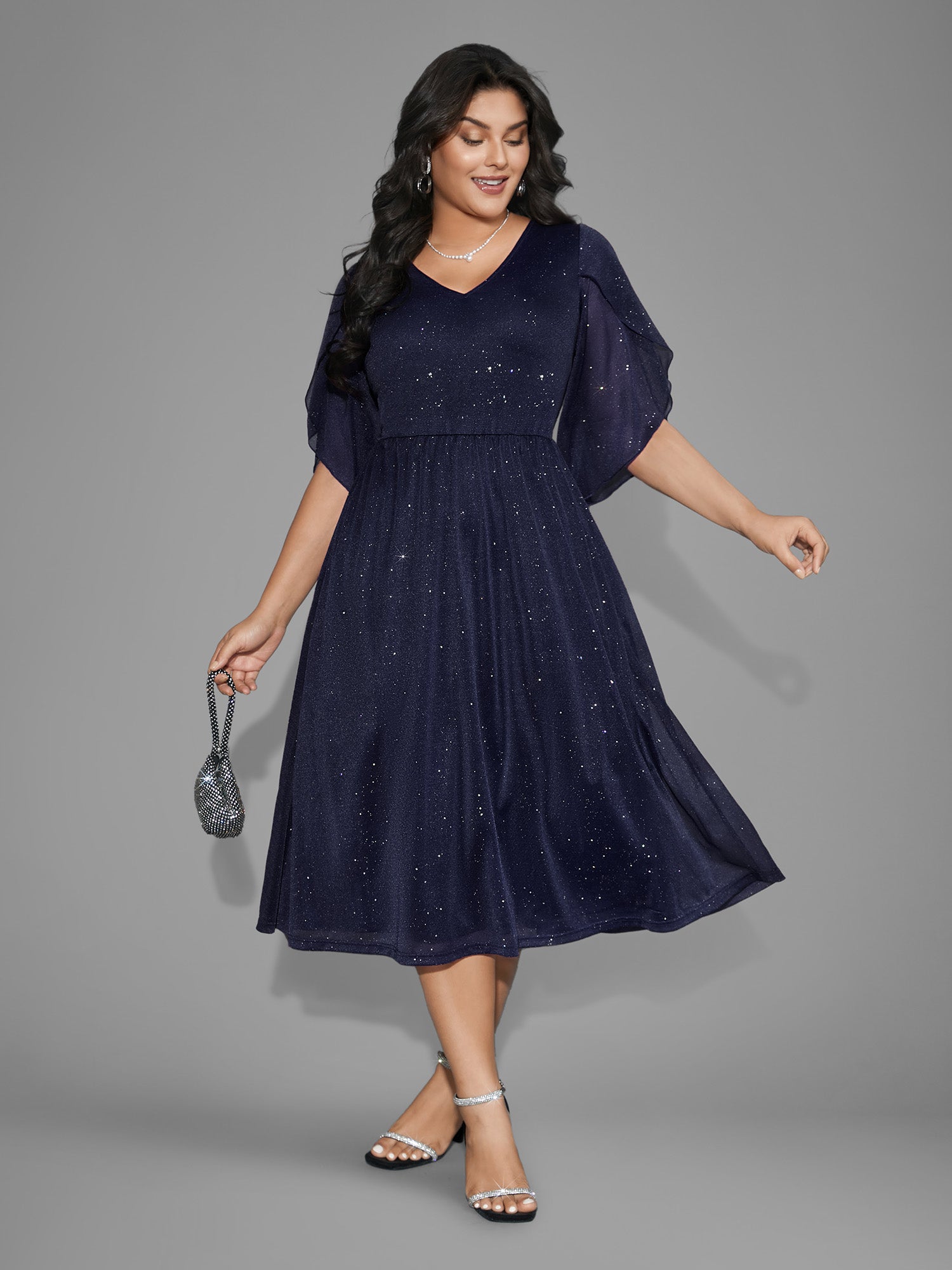 Glitter Mesh Petal Sleeve Midi Dress