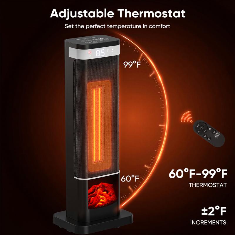 Space Heater for Indoor Use, 23Inch Portable Heater with Remote and Thermostat,7 Light Modes, 70°Oscillation, 12H Timer, Up to 95°F, Tip-over Protection,New Black