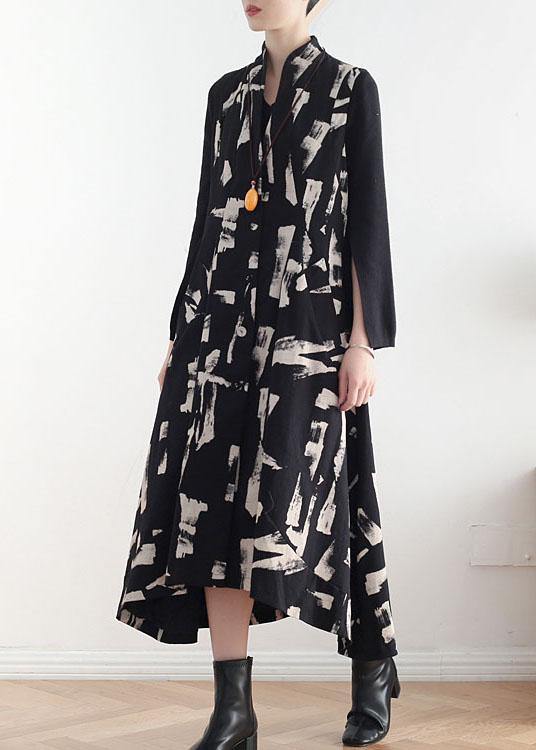 French White Print Pockets Cotton Dress Asymmetrical Design Waistcoat Fall Long Dress