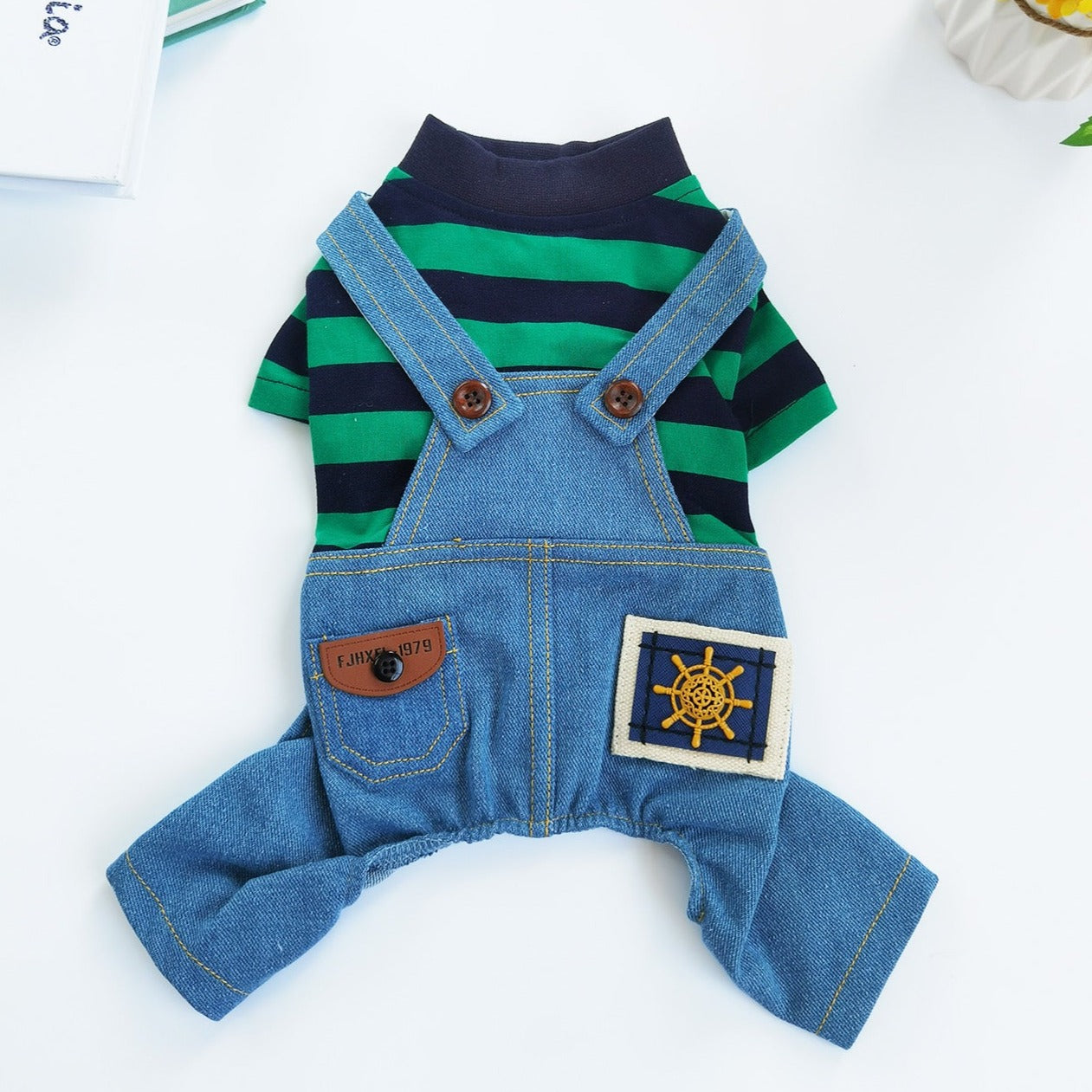 Contrast Color Striped Denim Dog Jumpsuits