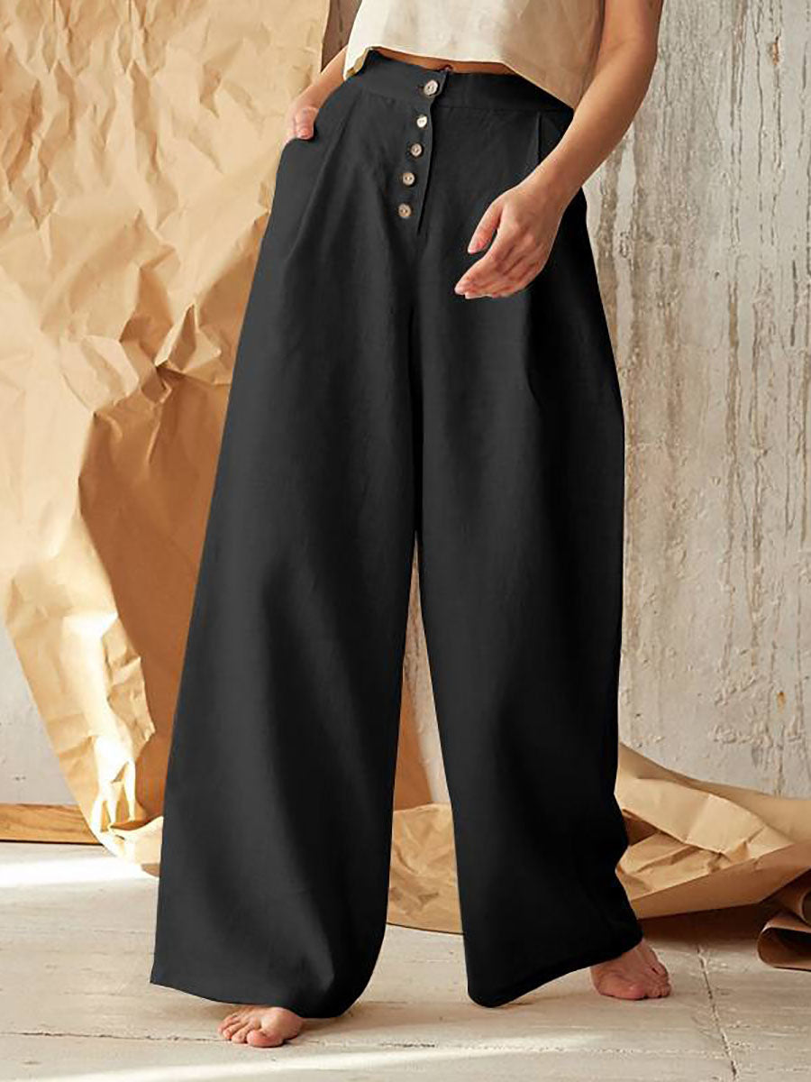 Solid Color High Waist Casual Button Wide Leg Pants
