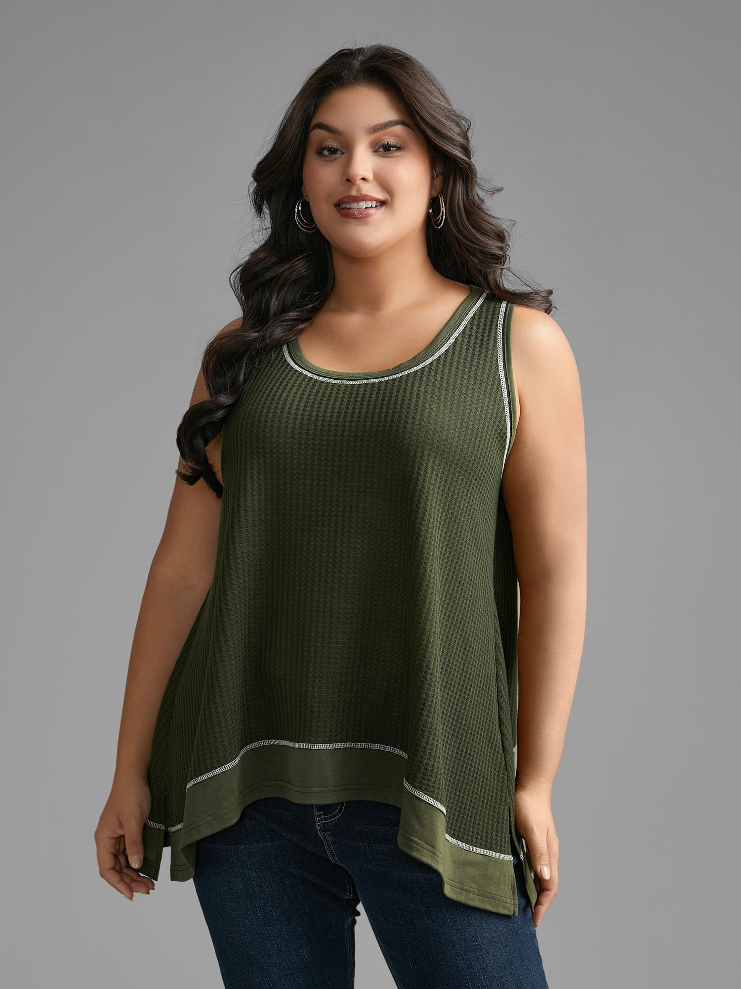 Waffle Knit Patchwork Topstitching Tank Top