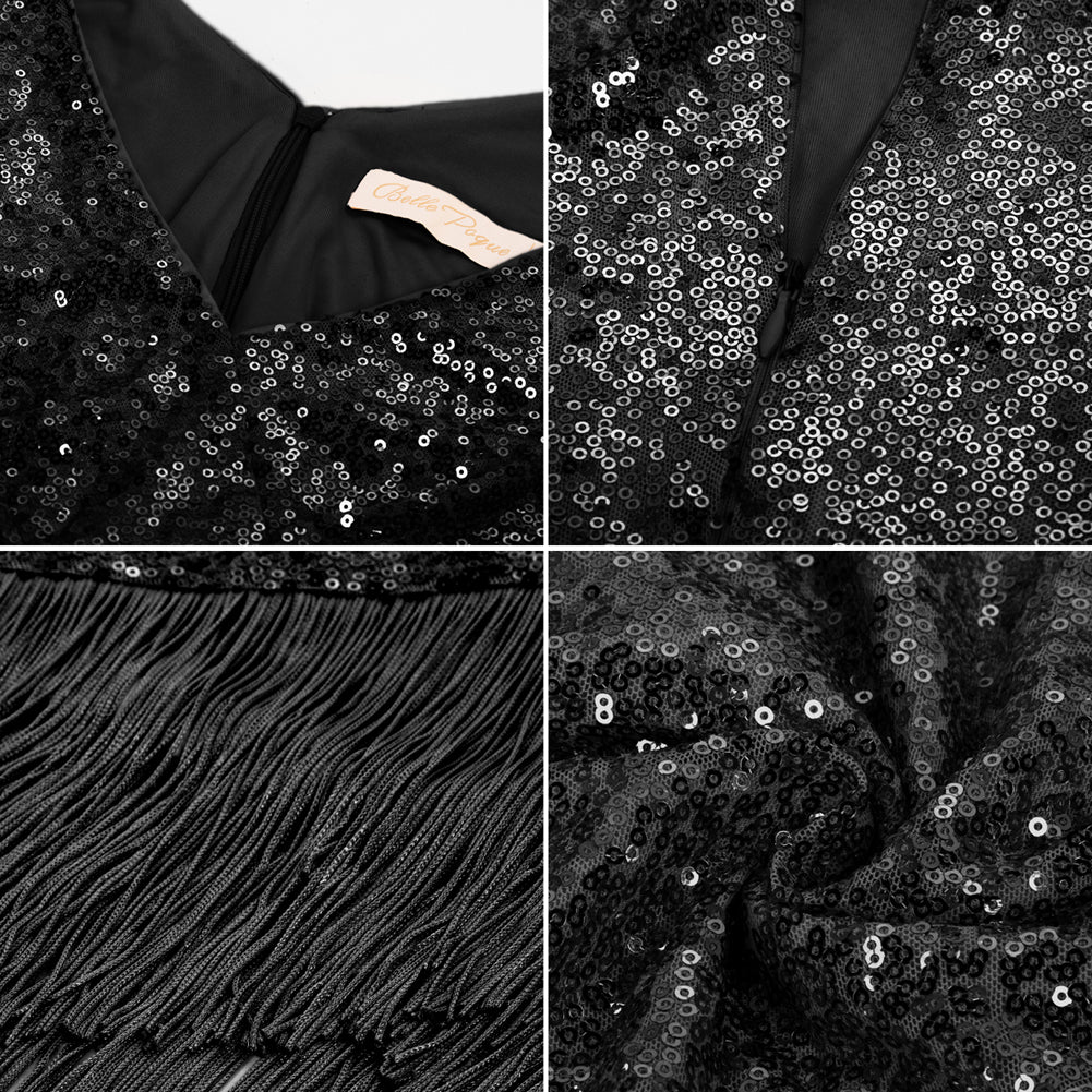 Vintage Sequined Sleeveless V-Neck Tassel Decorated Wrap Hem Party Dress