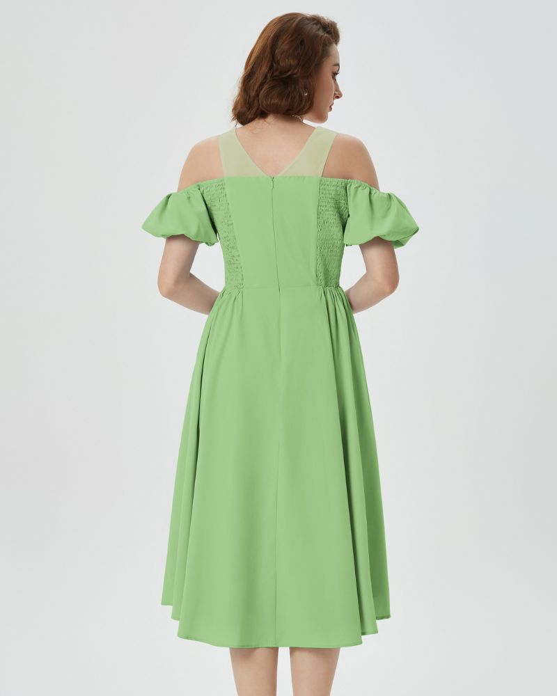 Vintage Cold Shoulder Dress Short Sleeve Mesh Patchwork A-Line Dress