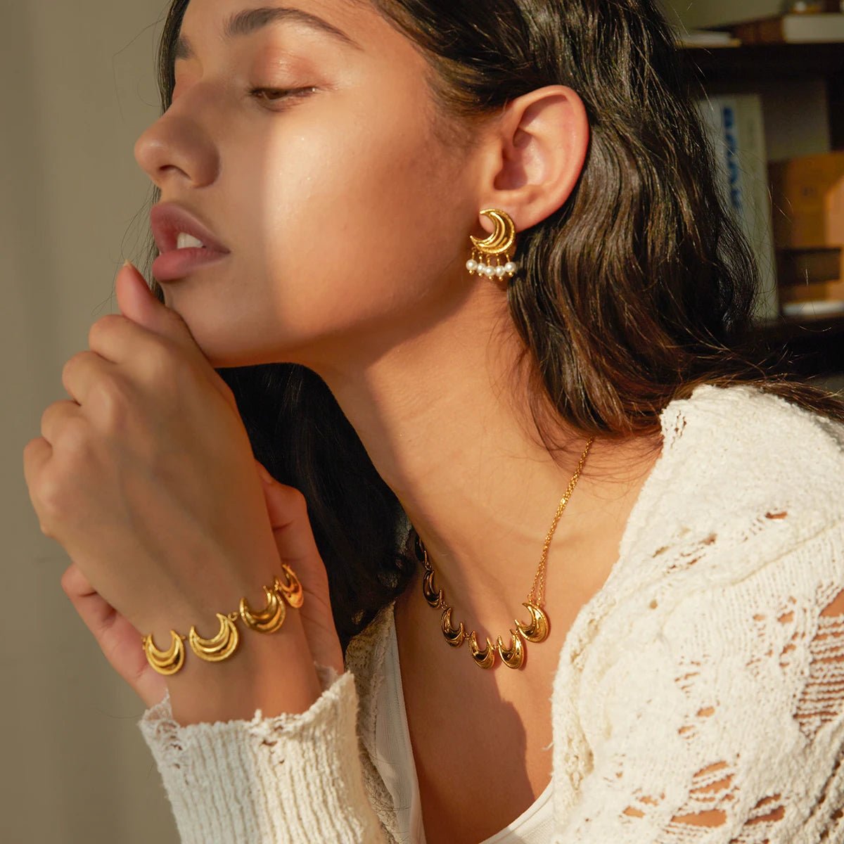 Golden Crescent Moon Astrology Necklace Bracelet Earrings Jewelry Set