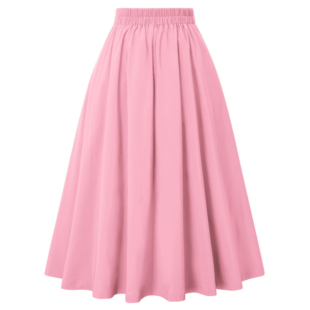 Leaf Patterns Pleated Buttons Decorated Elastic Waist High Waist Swing A-Line Skirt with Pockets