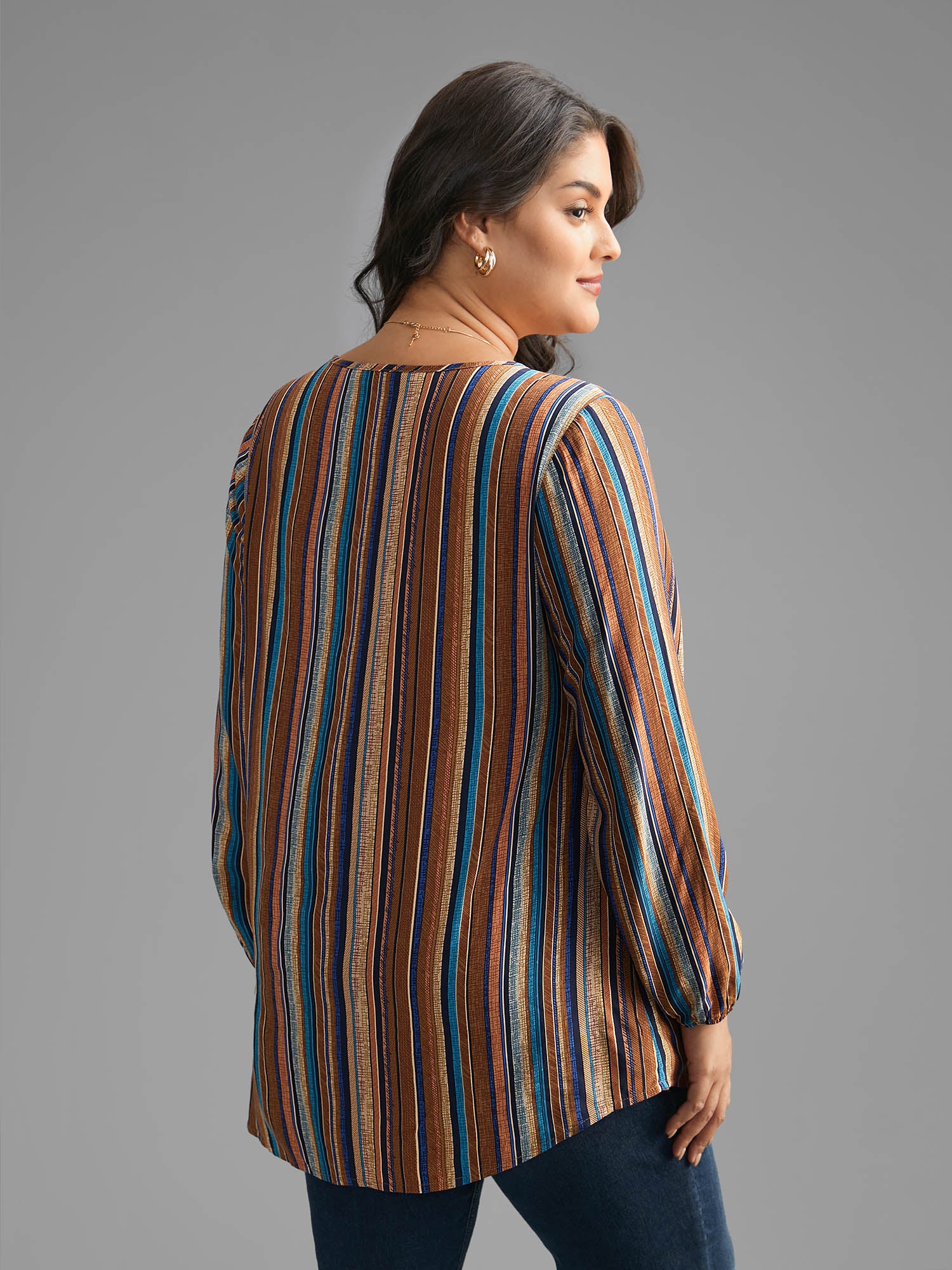 Contrast Striped Pocket Lantern Sleeve Blouse