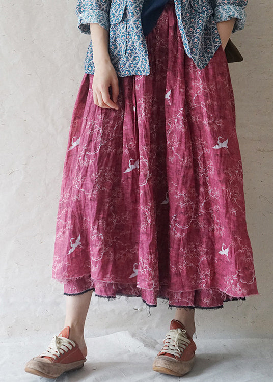 Red elastic waist drawstring pocket print Linen Skirts Spring