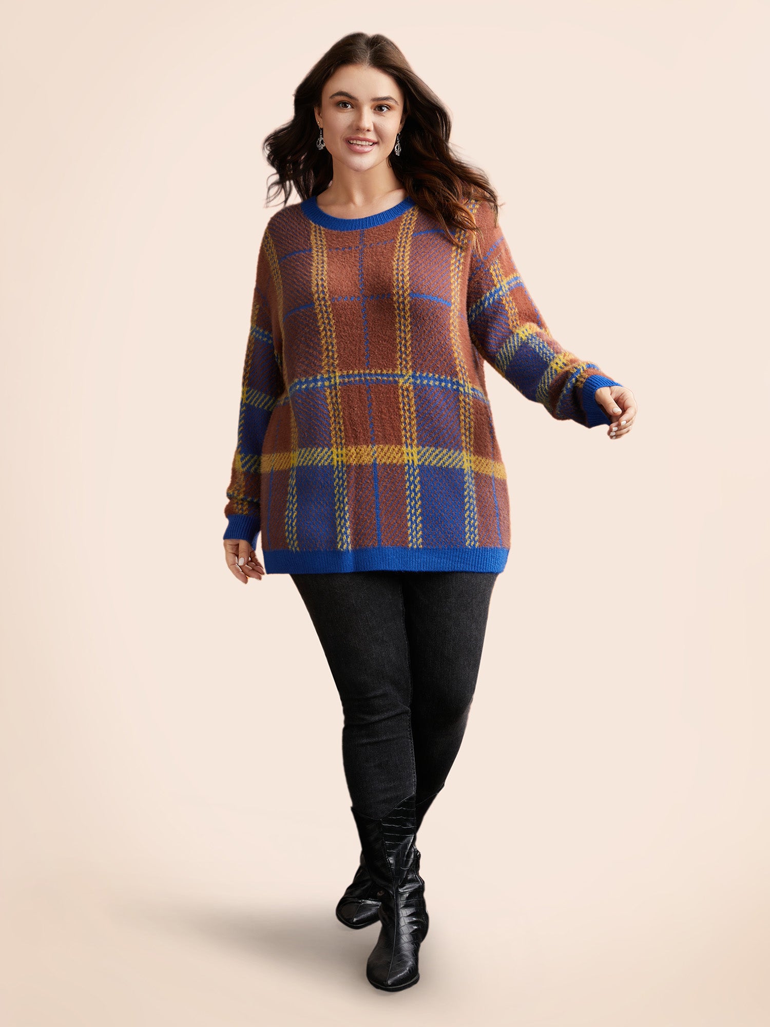 Plaid Texture Crew Neck Pullover