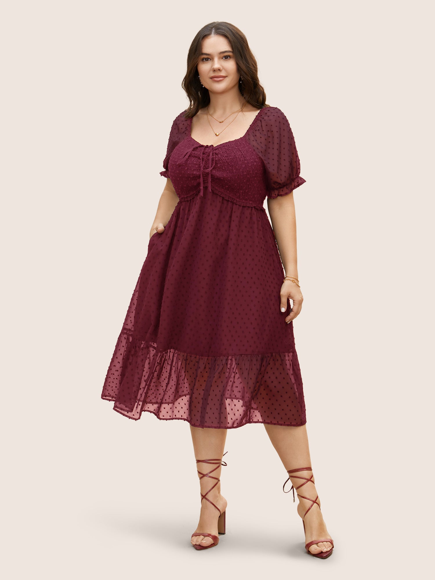 Polka Dot Textured Mesh Shirred Drawstring Dress