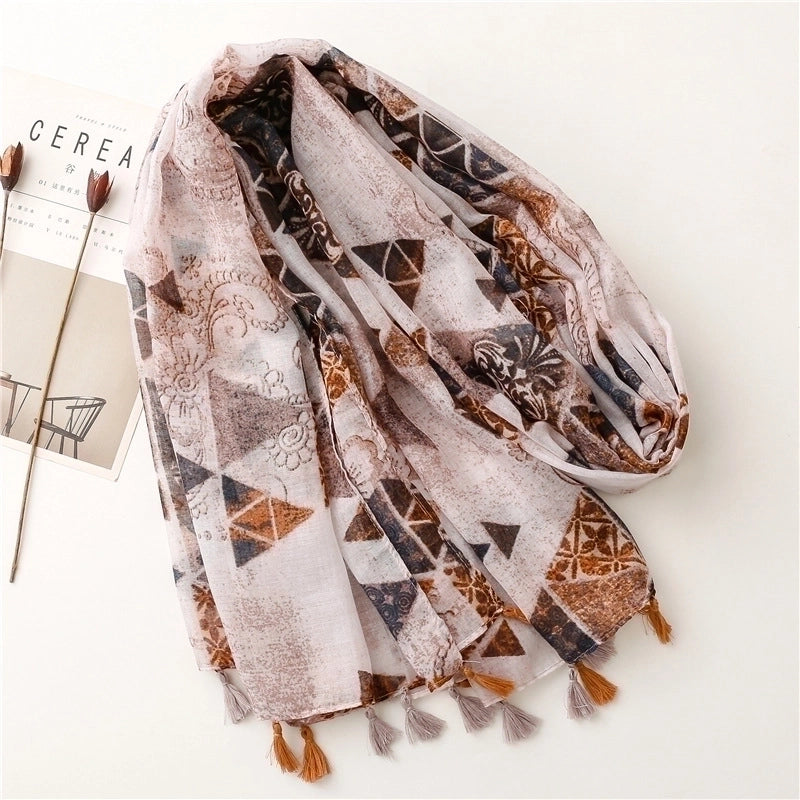Yarn Cotton Linen Scarf Caramel Contrast Color Carving Floral Tassel Scarf Shawl