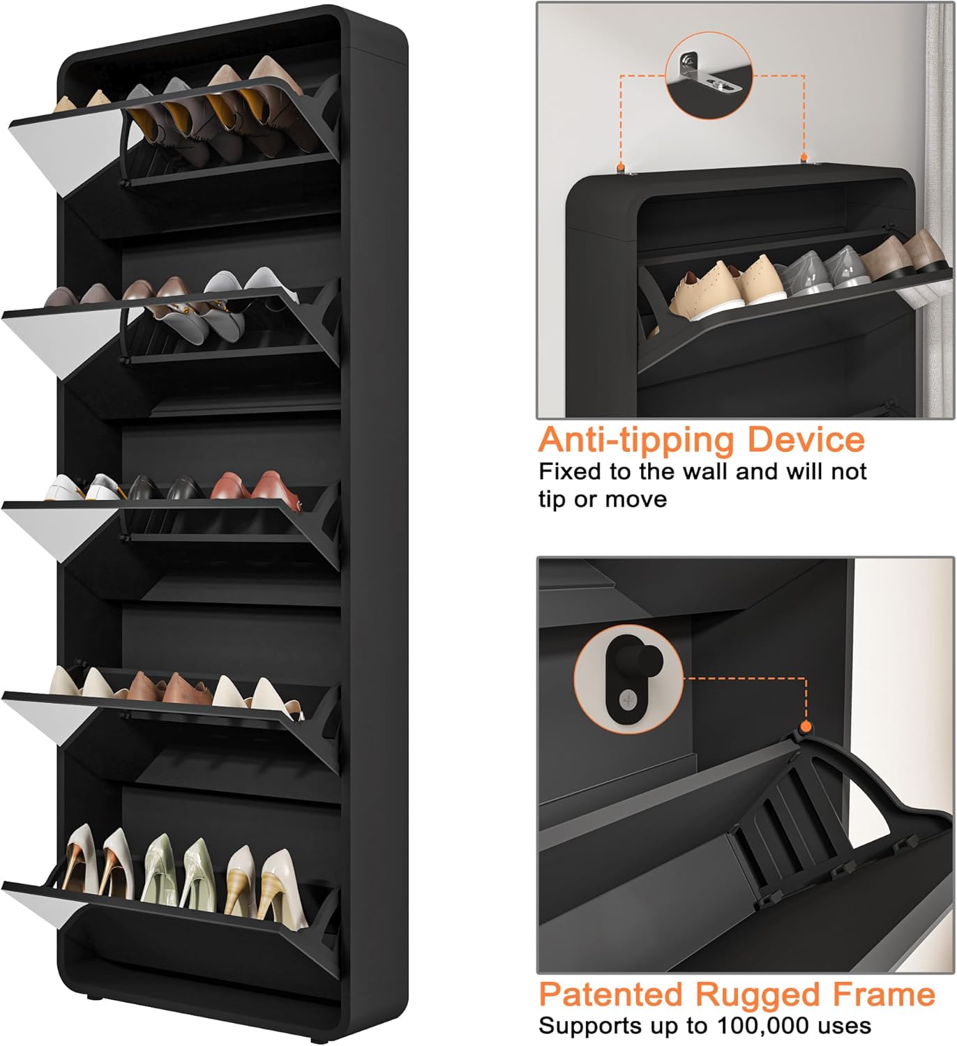 Entrance Shoe Locker, 5 Tier Full Length Mirror Shoe Organizer Wooden Narrow Shoe Cabinet, White Shoe Rack for Front Door Entrance Outdoor