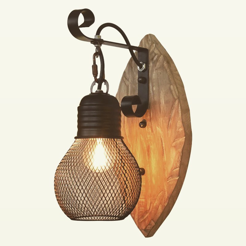 Rustic Wall Sconce with Mesh Shade and Carved Wood Backplate