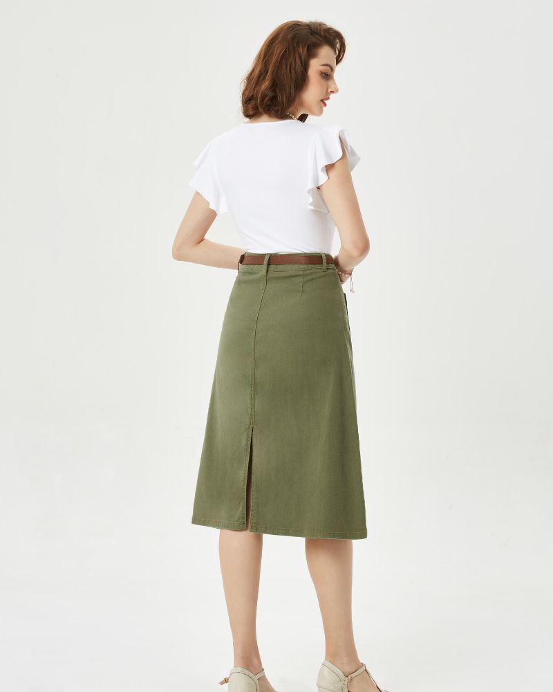 Denim Skirt with Belt Knee Length High Waisted Jean Skirts for Women