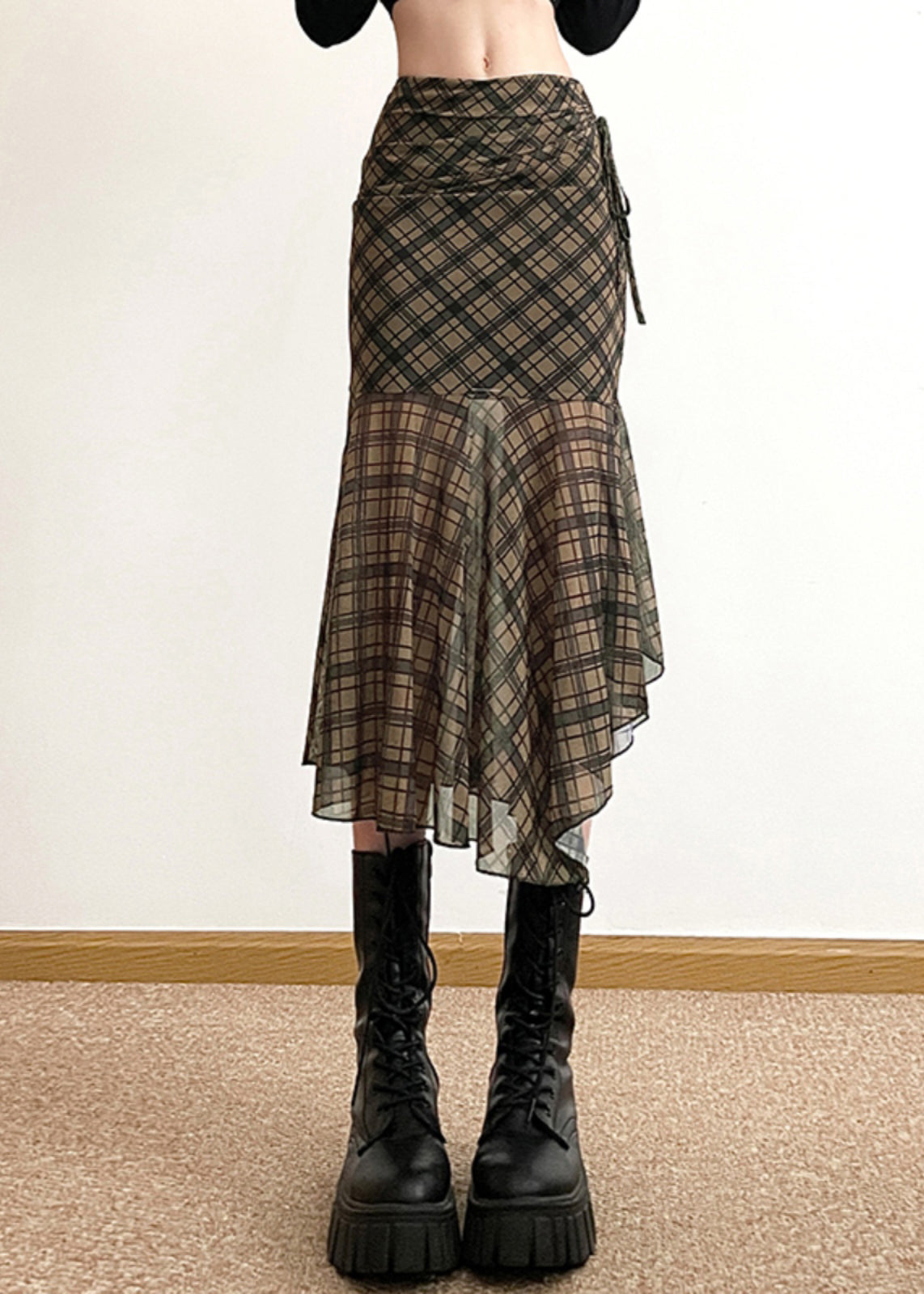Stylish Asymmetrical Plaid Patchwork Chiffon Skirts Summer