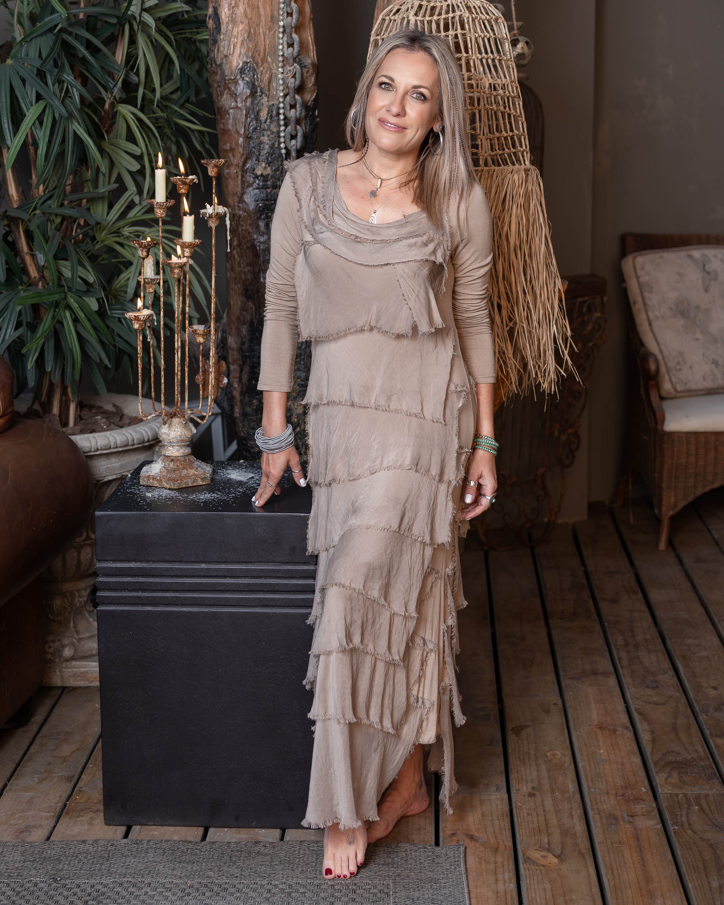 Whimsical Fringe Maxi Dress | Camel