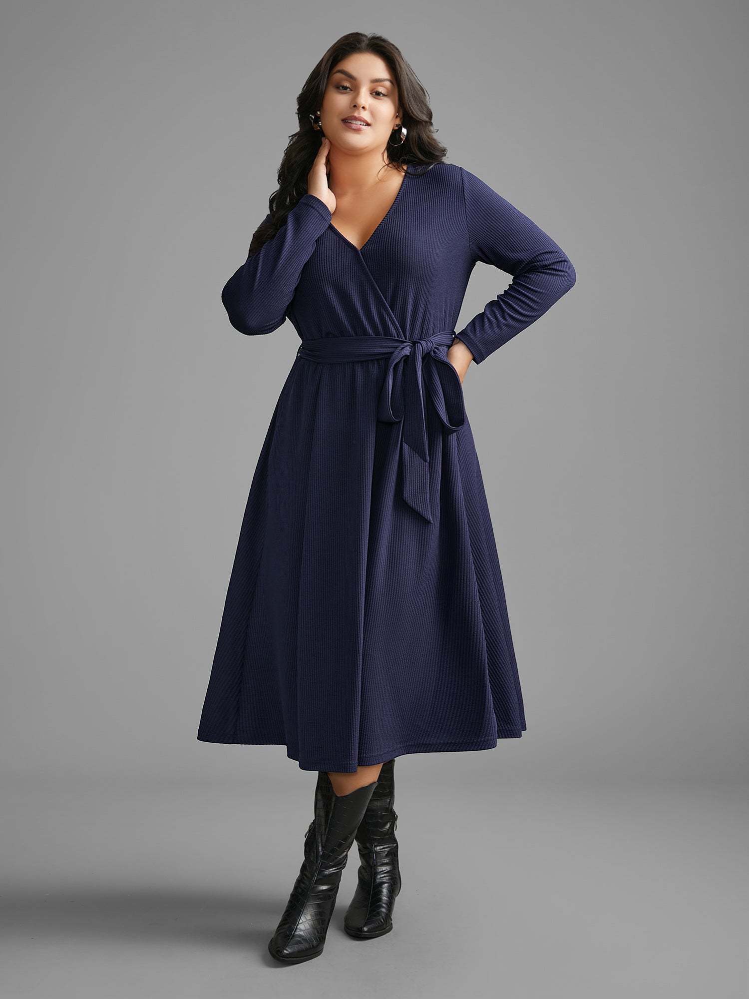 Solid Overlap Collar Belted Knit Dress