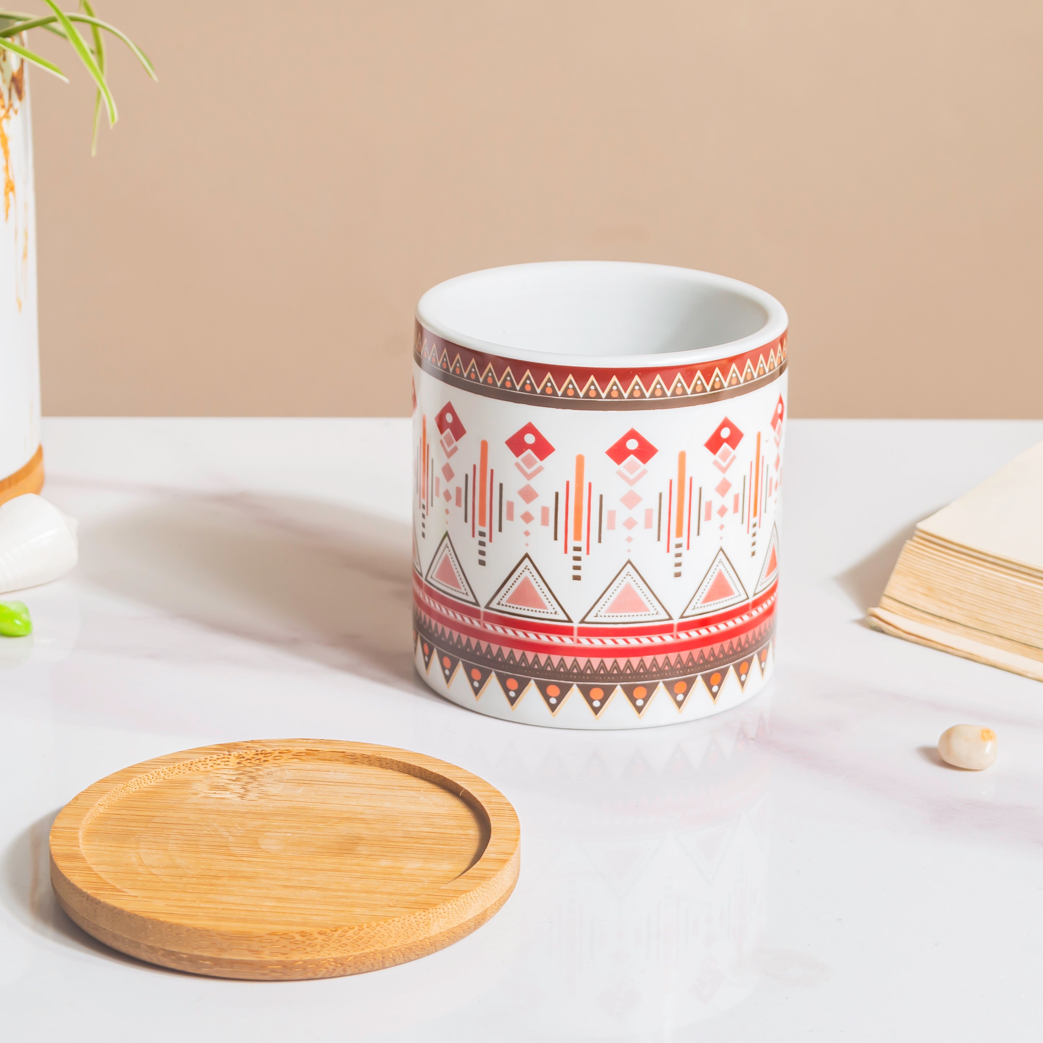 Noor Art Multicolor Ceramic Planter With Wooden Coaster