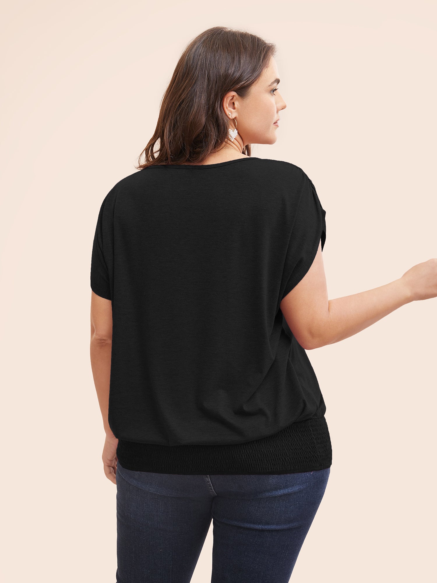 Solid Ruched Batwing Sleeve Shirred Hem T-shirt