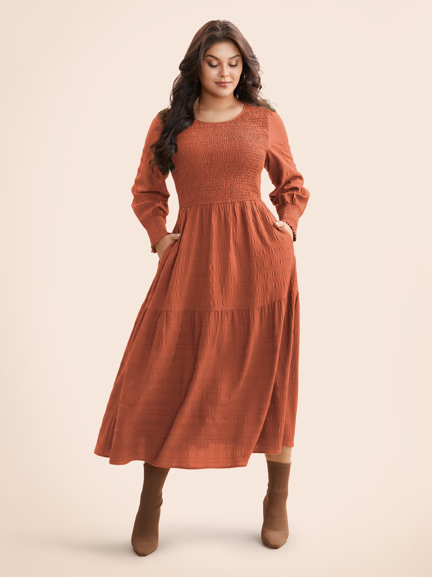 Plain Textured Shirred Midi Dress