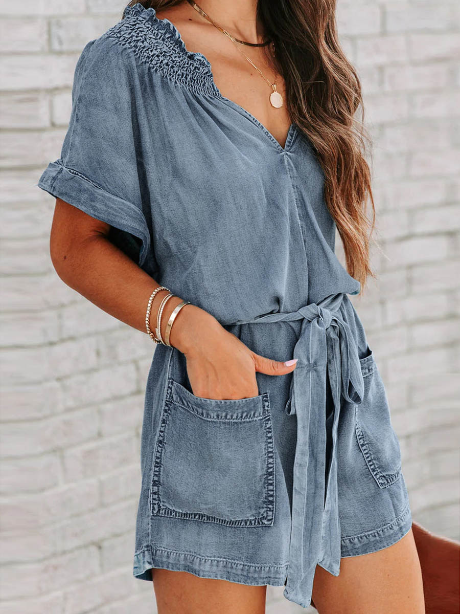 Street Solid Make Old V Neck Short Sleeve High Waist Loose Denim Jumpsuits