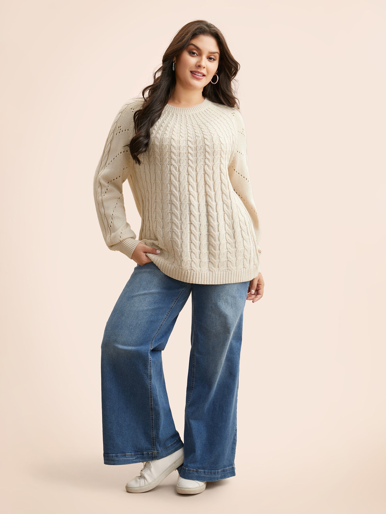 Cable Knit Raglan Sleeve Cut Out Pullover