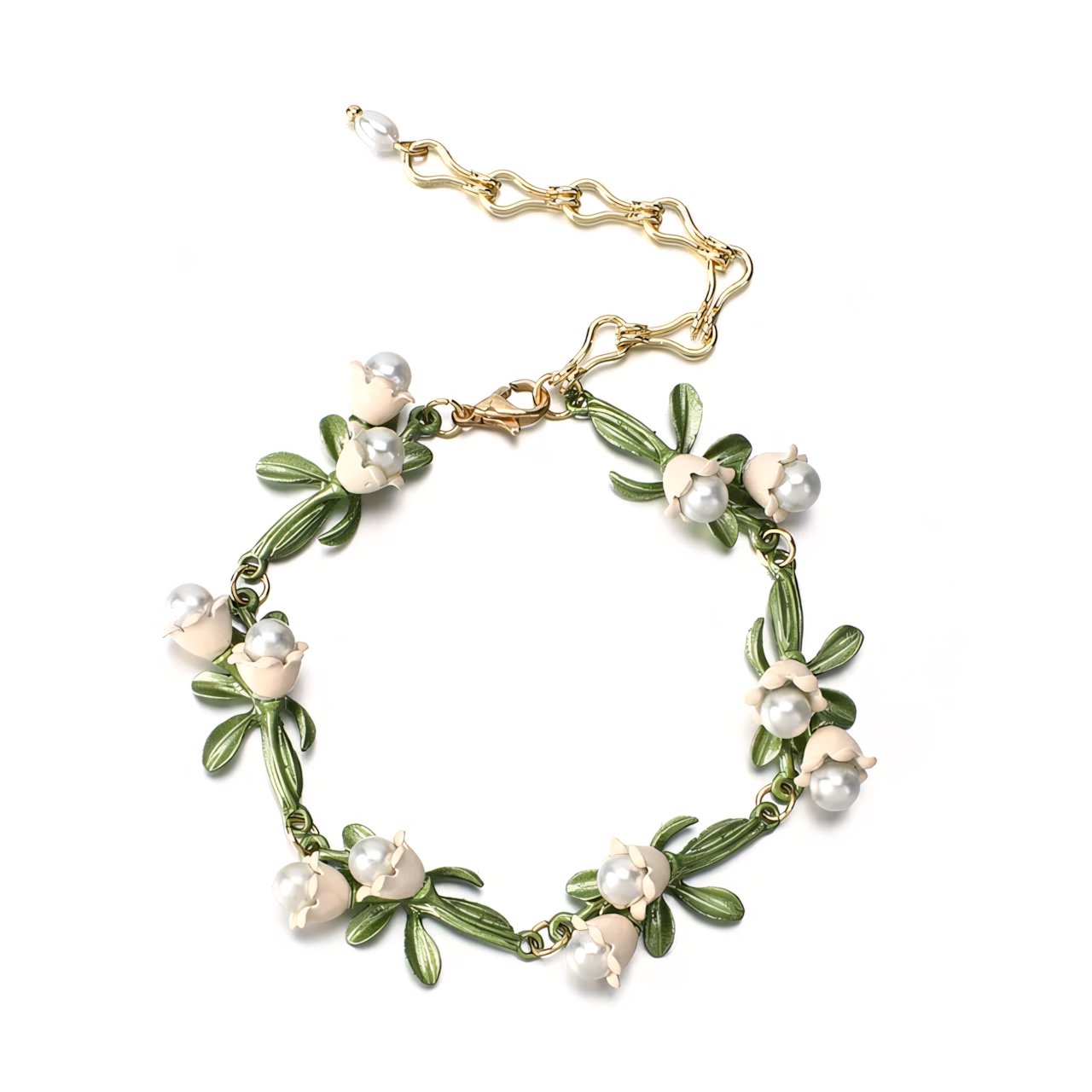 Lily of the Valley Pearl Choker Necklace. Bracelet. and Earrings Set