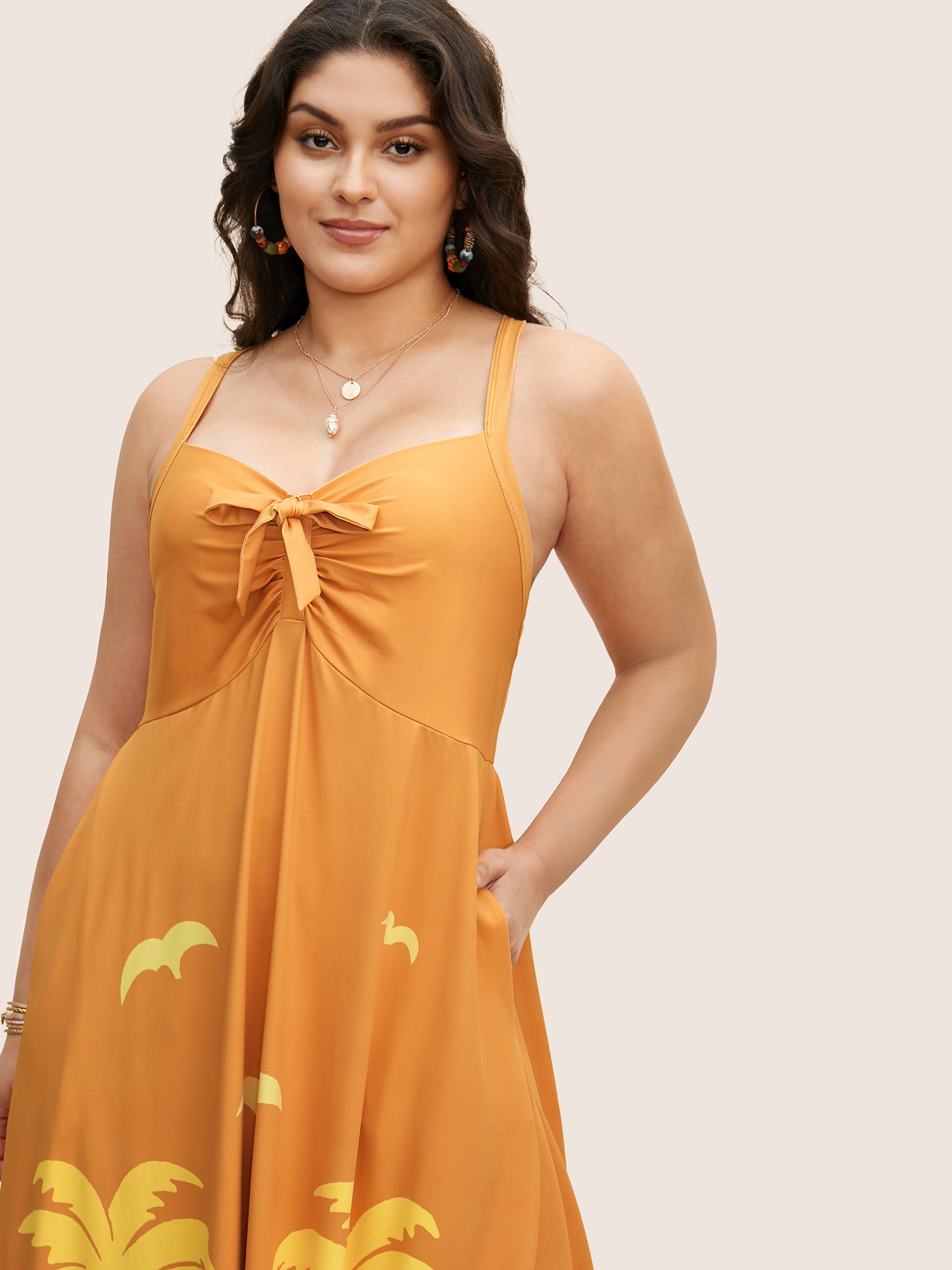 Heart Neckline Tropical Print Tie Knot Midi Dress