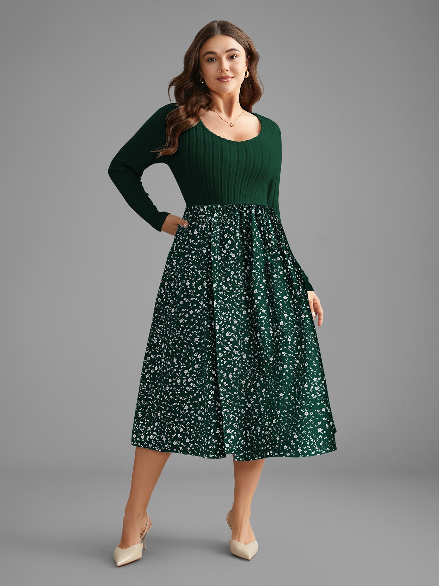 Ditsy Floral Patchwork Texture Midi Dress