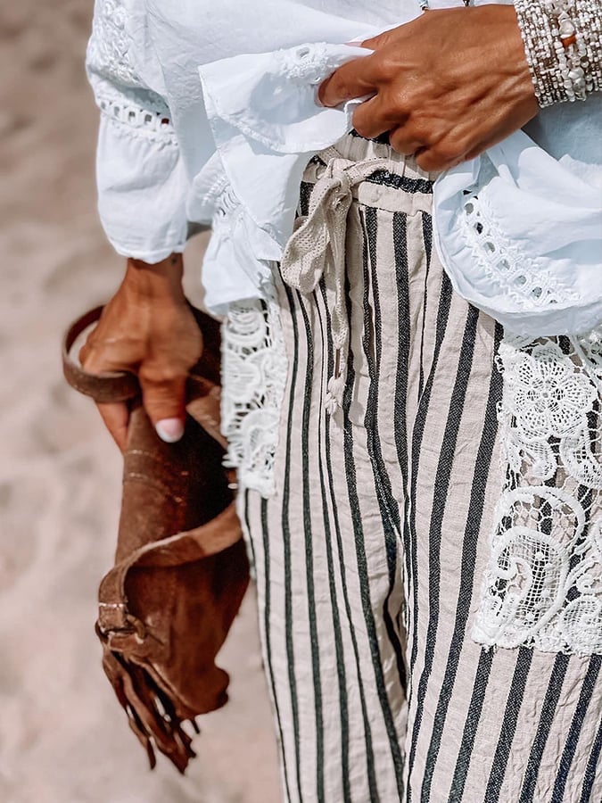 Women's Casual Striped Printed Lace Pocket Trousers