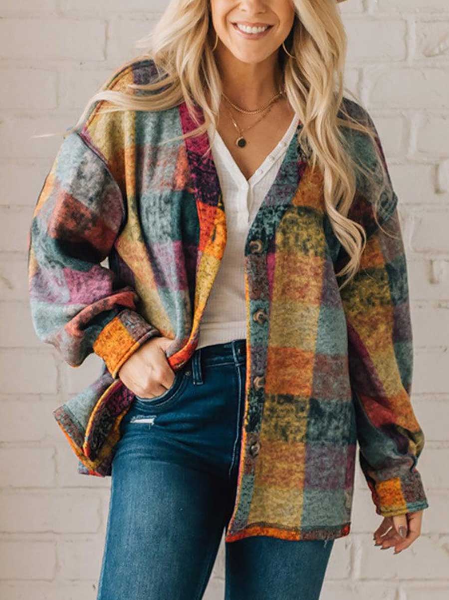 Loose-fitting Plaid Shirt Fleece Jacket