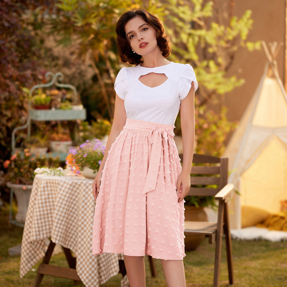 Vintage Swiss Dot Skirt Belt Decorated High Waist Swing Skirt