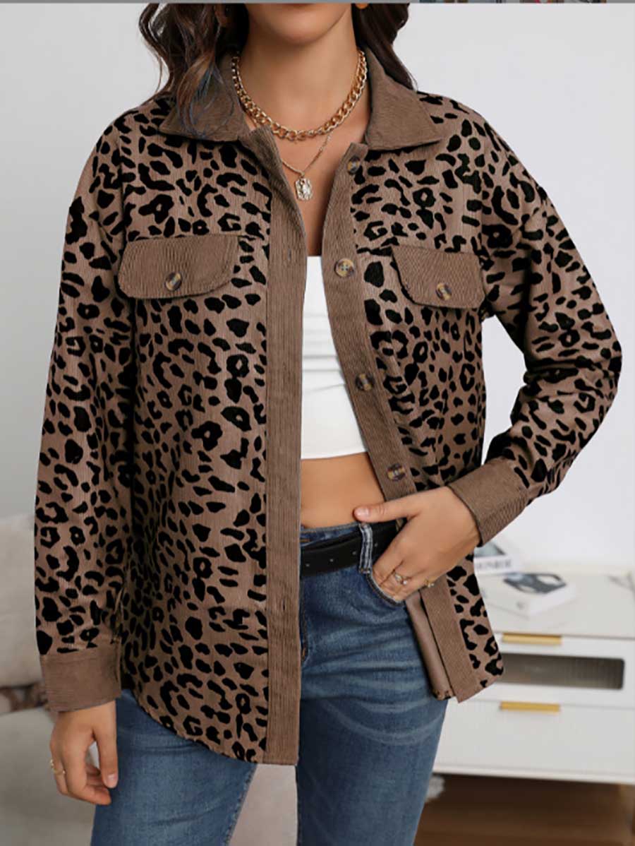 Corduroy Leopard Pocket Button Long Sleeve Women's Jacket