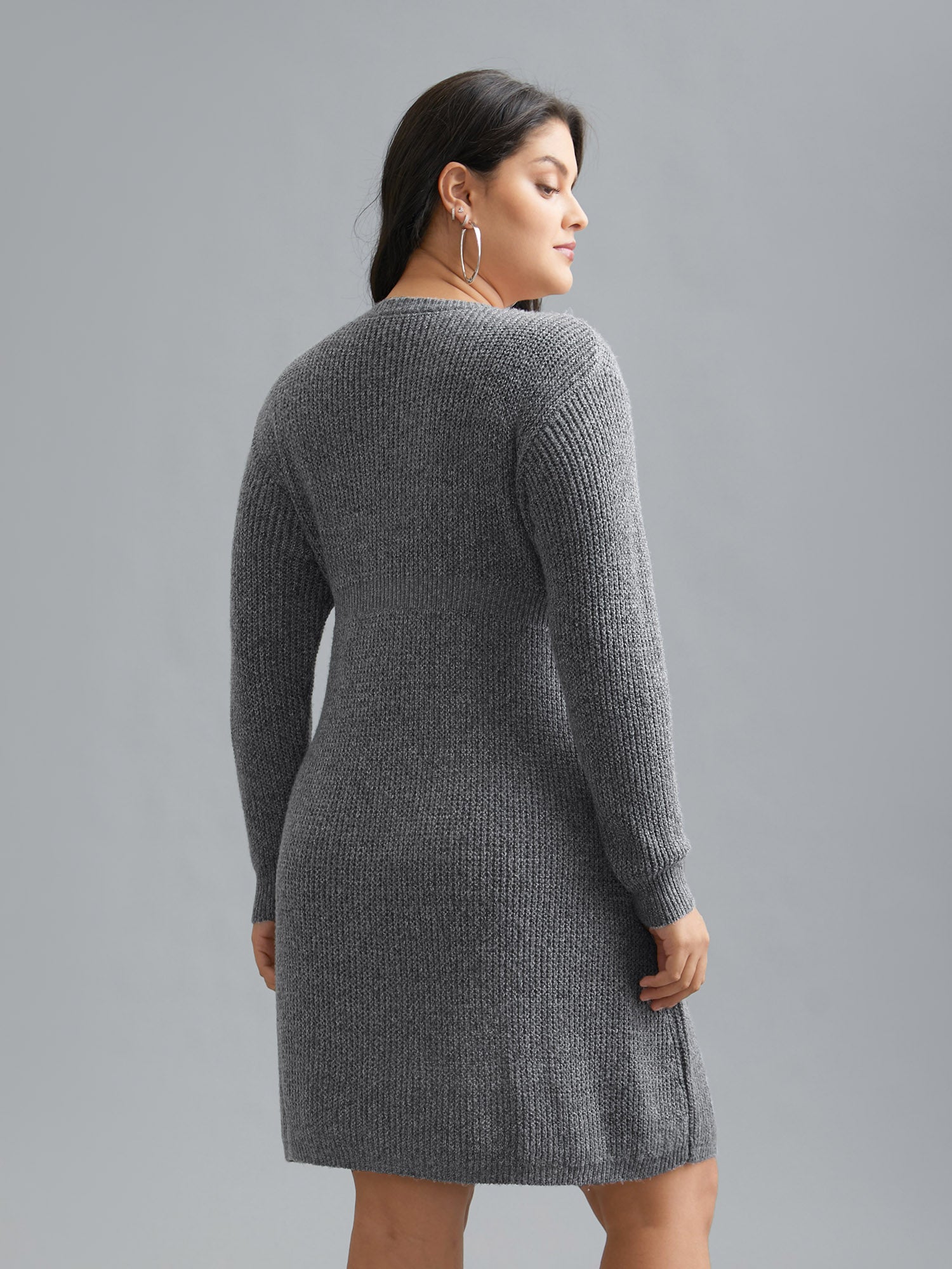 Cable Knit Ribbed Waist Cinched Midi Sweater Dress