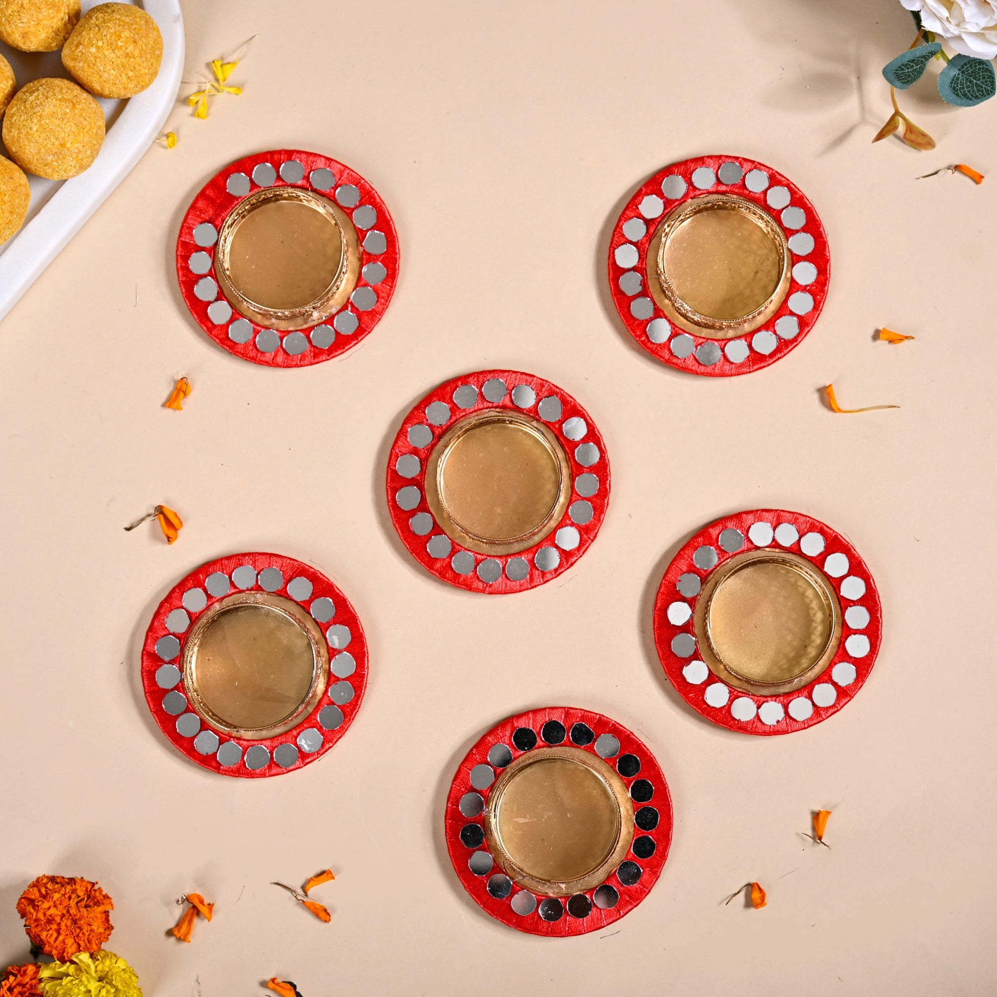Set Of 6 Mirror Art Red Tea Light Holders