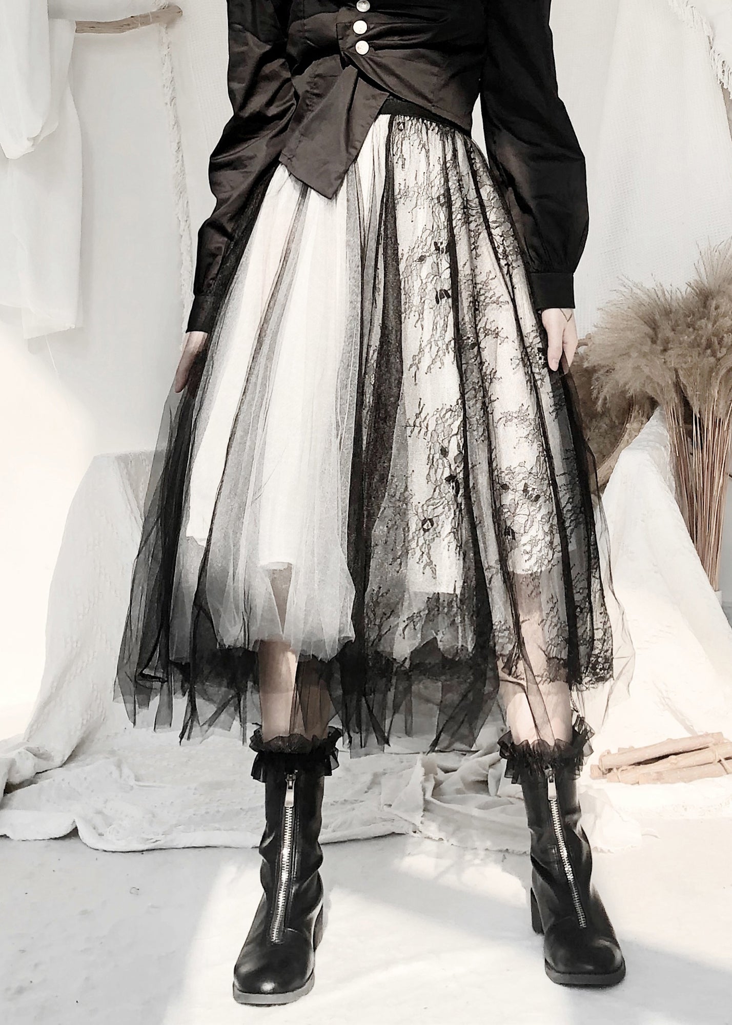 Black Elastic Waist Lace Patchwork Tulle Skirt Fall