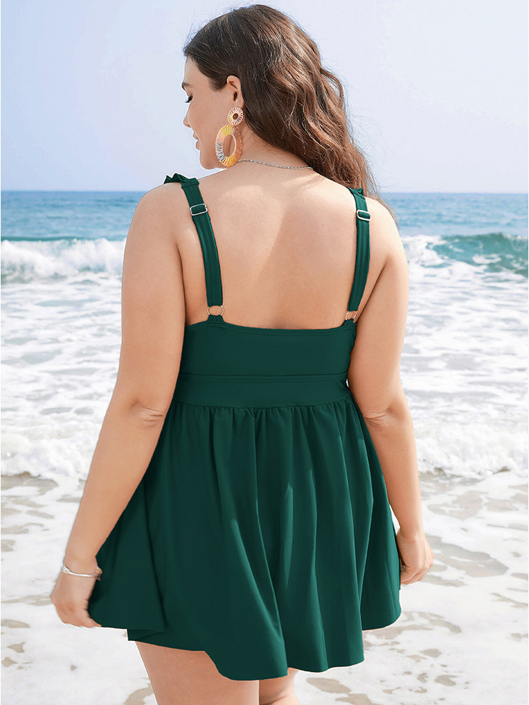 Ruffle Trim Adjustable Straps Gathered Sculpt Waist Swim Dress