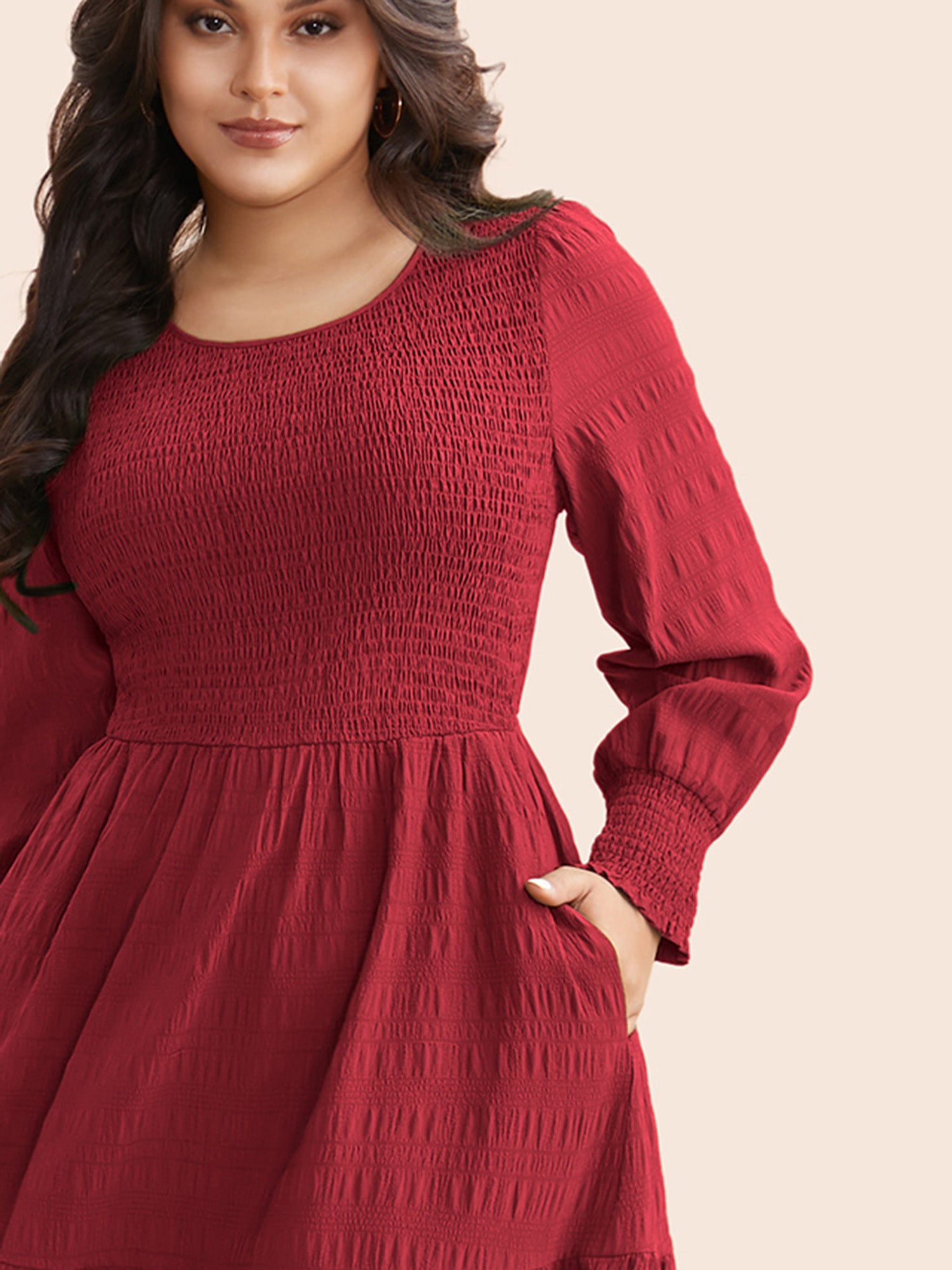 Plain Textured Shirred Midi Dress