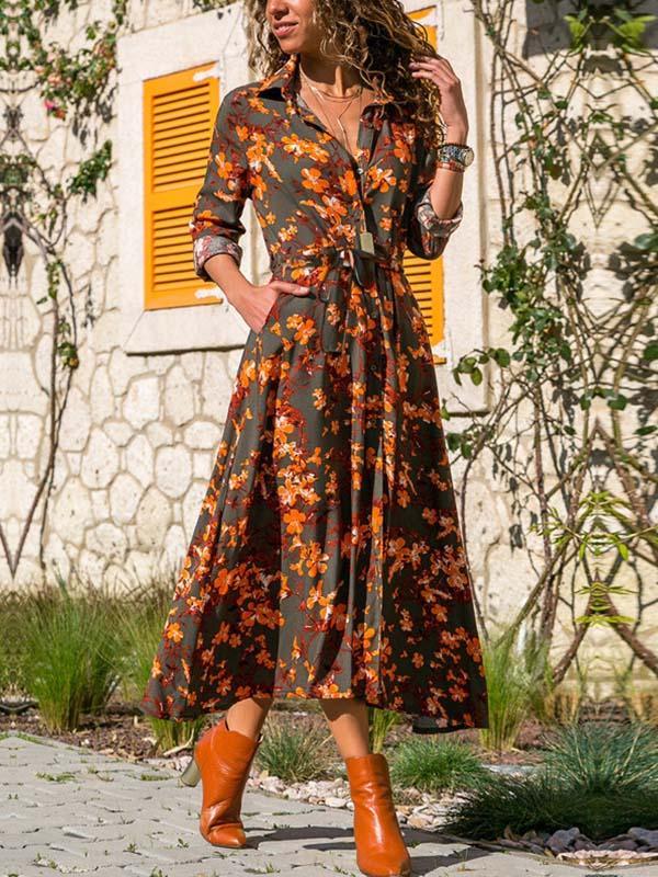 Printed V-neck Belt Dress