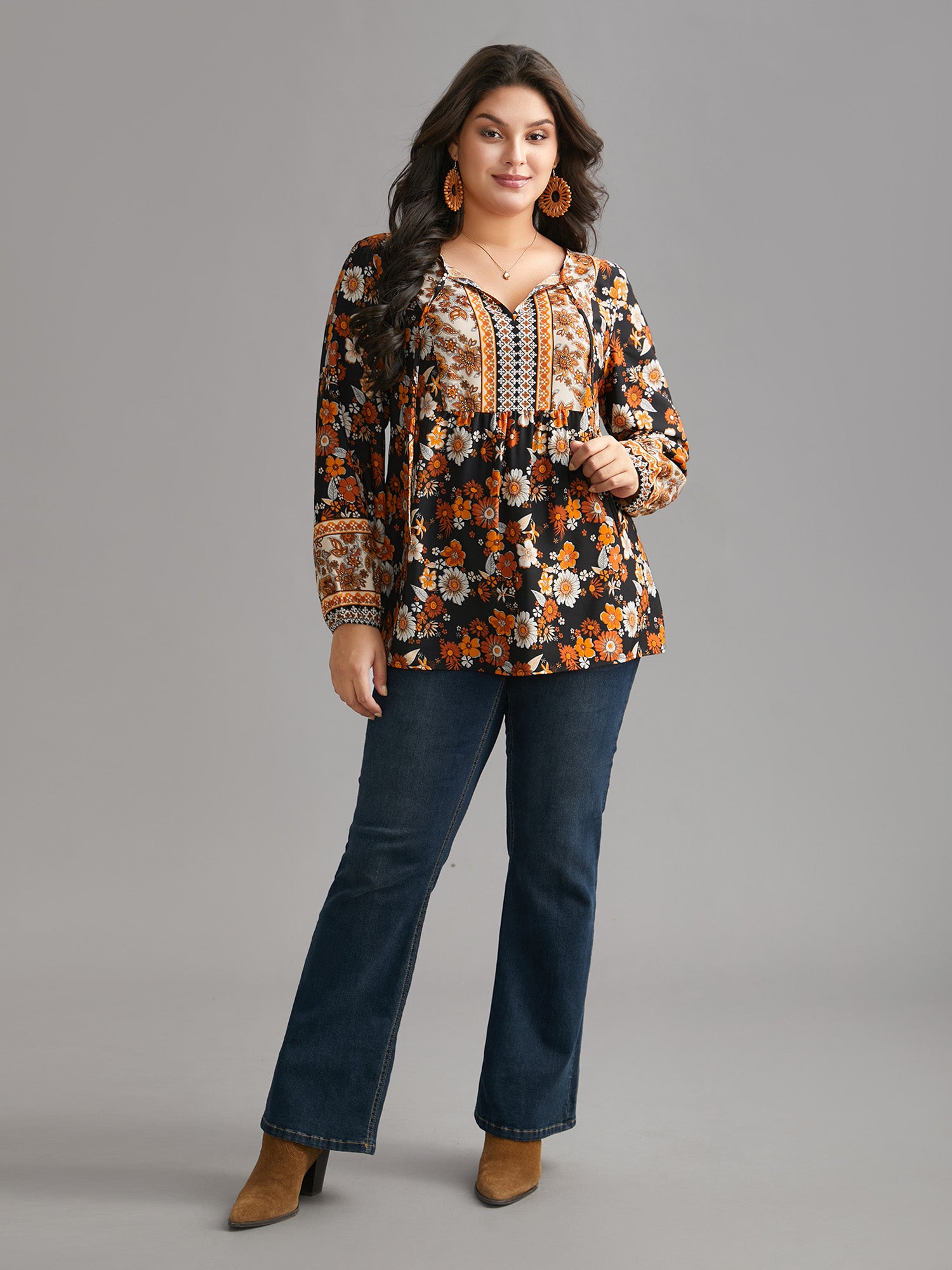 Boho Print Tie Knot Lantern Sleeve Blouse