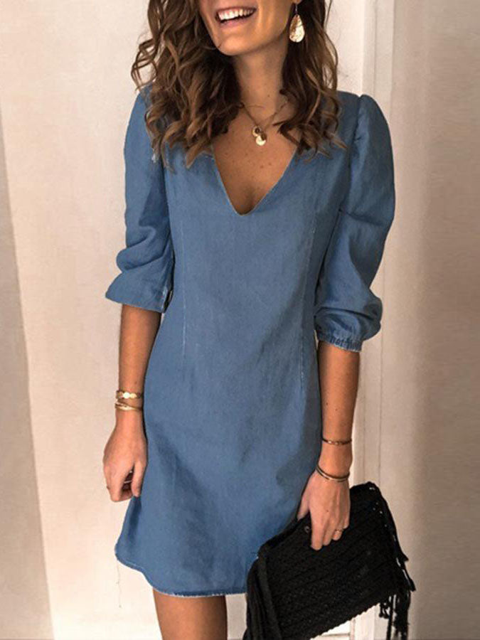 V-neck Half Sleeve Denim Mini Dress