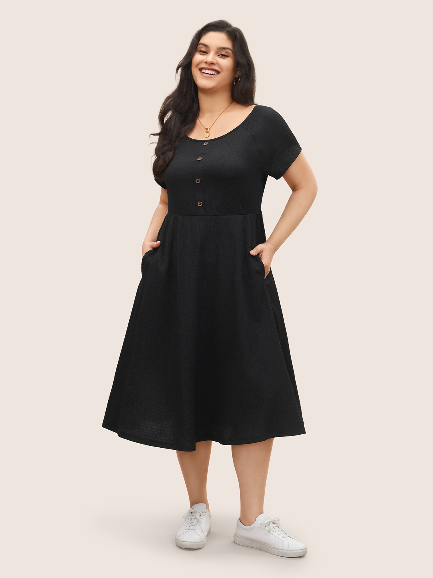 Boat Neck Raglan Sleeve Button Detail Dress