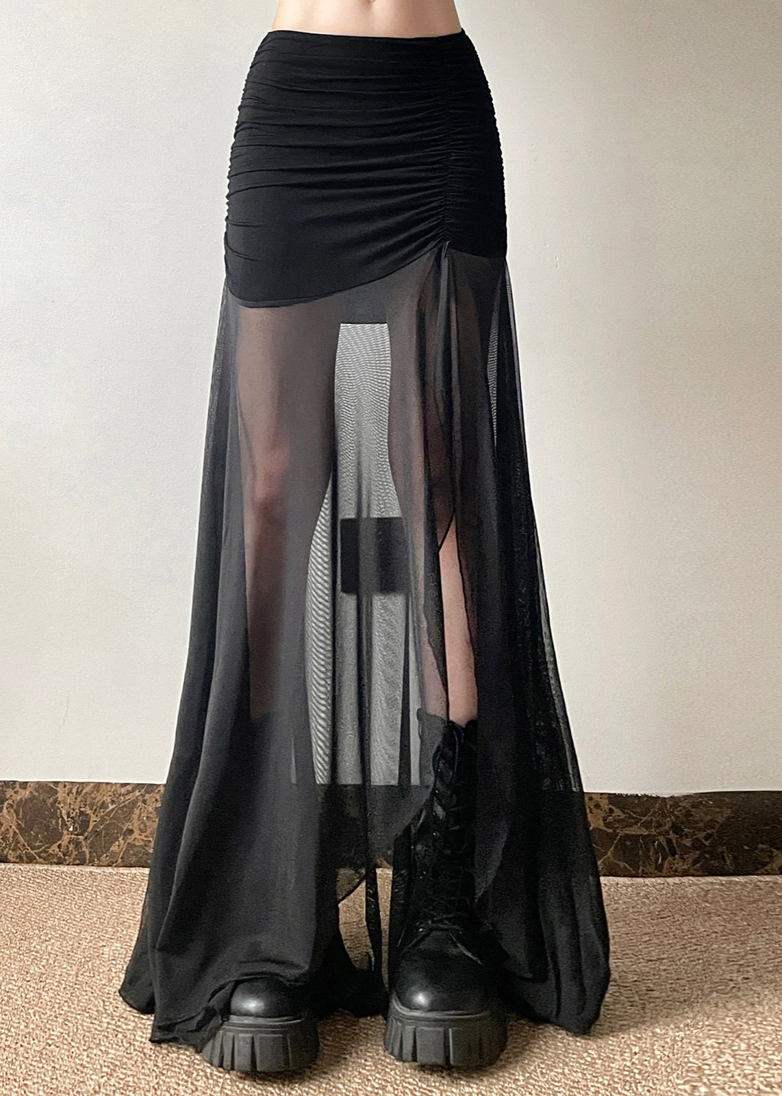 Women Black Elastic Waist Wrinkled Tulle Patchwork Maxi Skirt Summer
