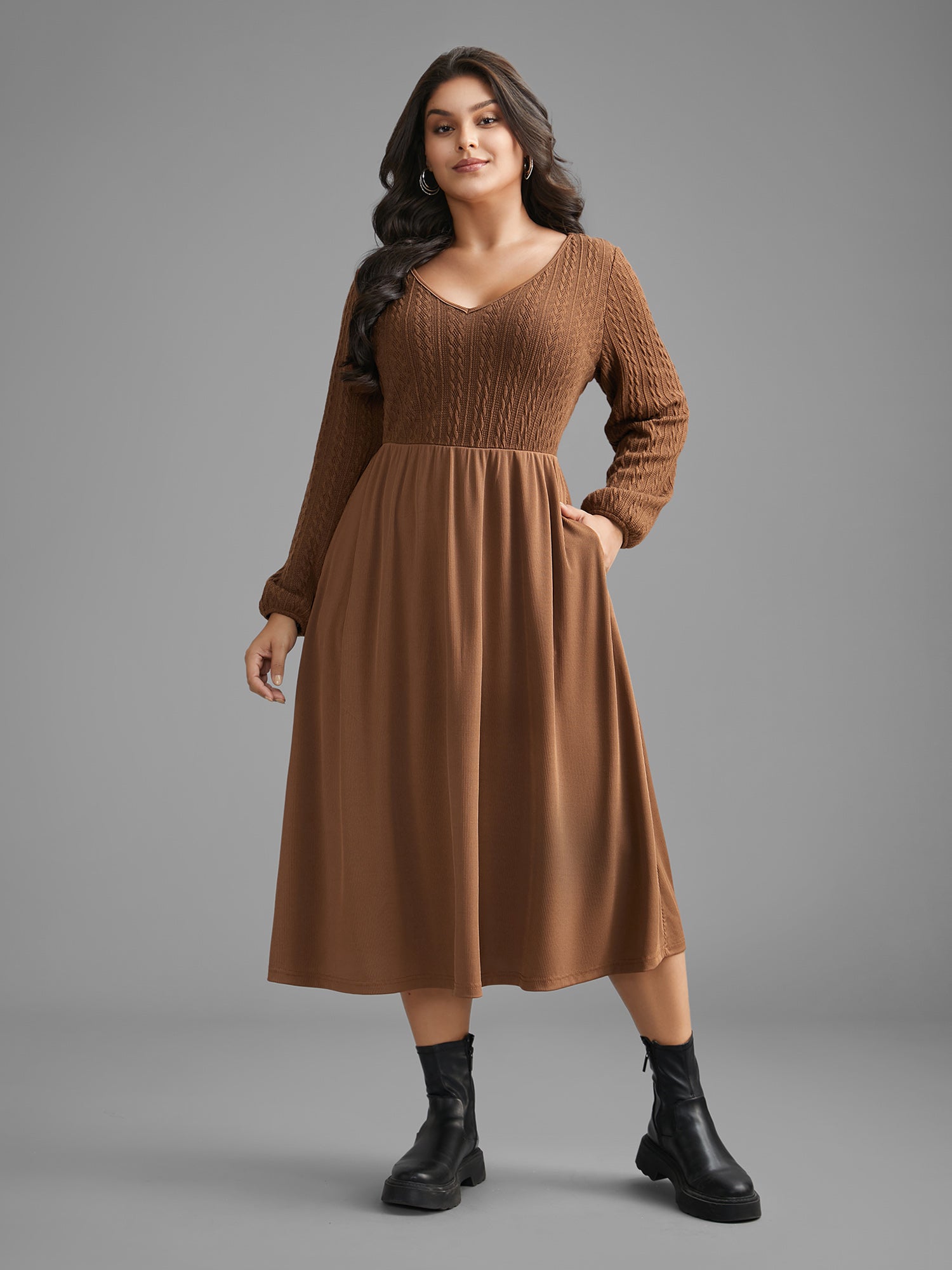 V Neck Textured Patchwork Knit Dress