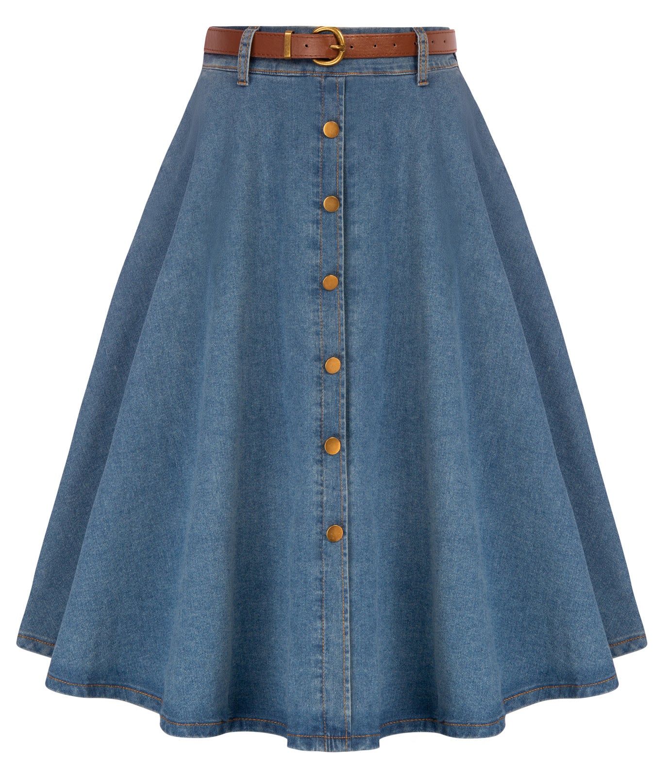 Jean Skirt with Belt Elastic High Waist A-Line Midi Skirt