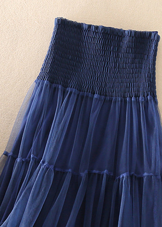 Blue wrinkled Patchwork Tulle Skirts Spring