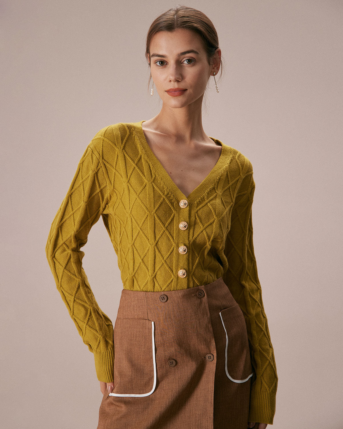 The Ginger V Neck Argyle Ribbed Cardigan