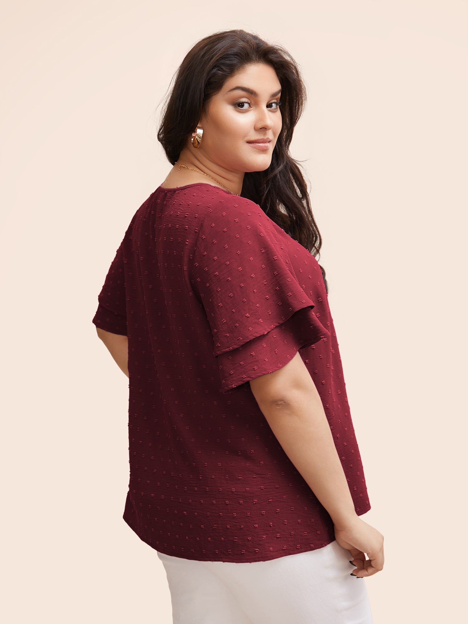 Plain Ruffle Tiered Sleeve V Neck Polka Dot Blouse