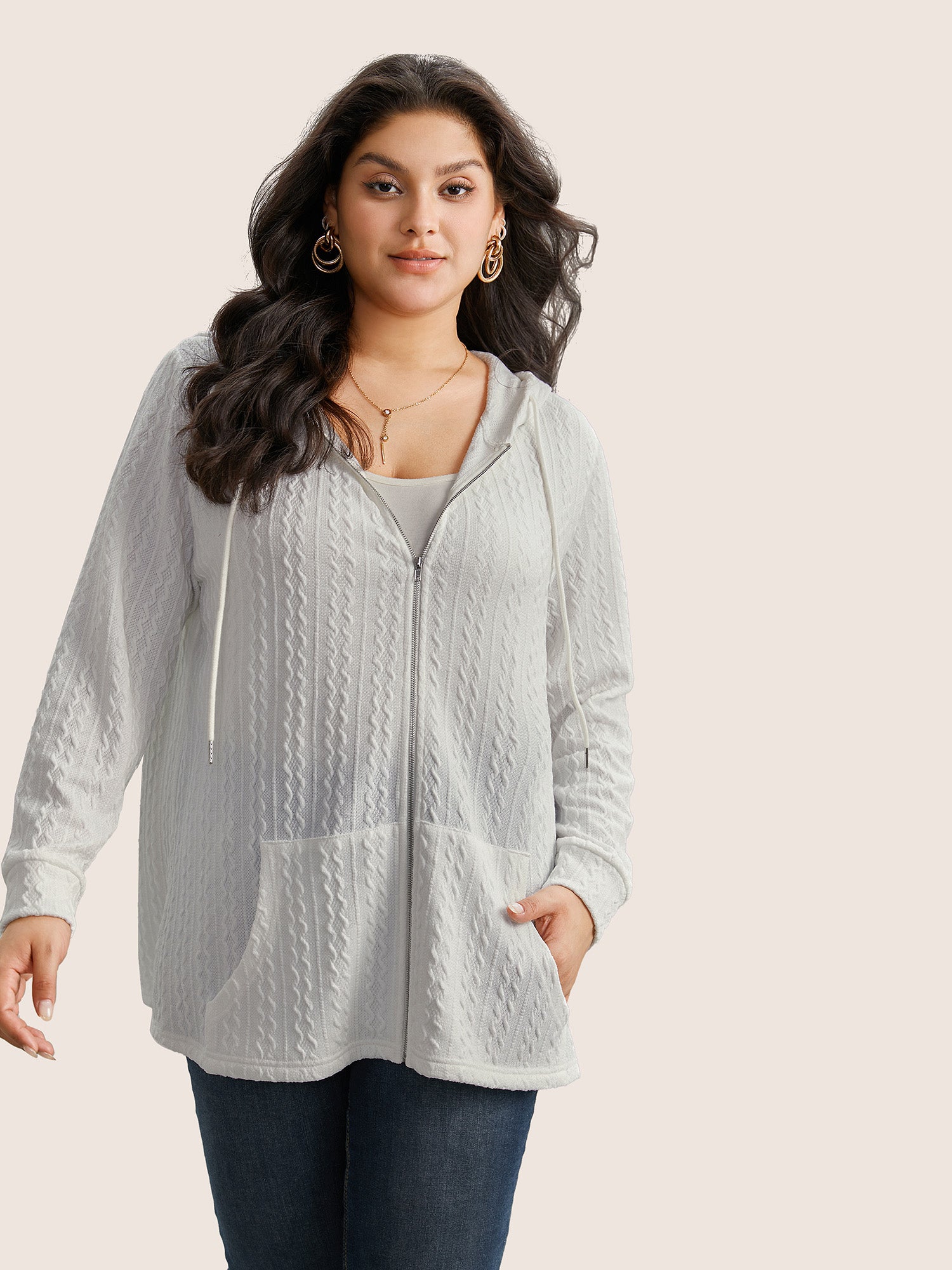 Plain Textured Zipper Hooded Sweatshirt